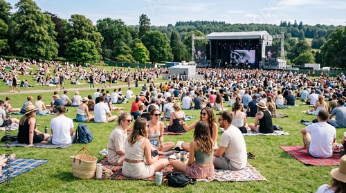 Outdoor music festival in summer with a large crowd enjoying a live performance on stage