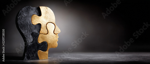 Human Head Profile Formed from Gold and Stone Puzzle Pieces