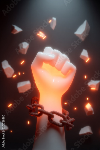 Glowing Clenched Fist Breaking Free from a Rusted Metal Chain