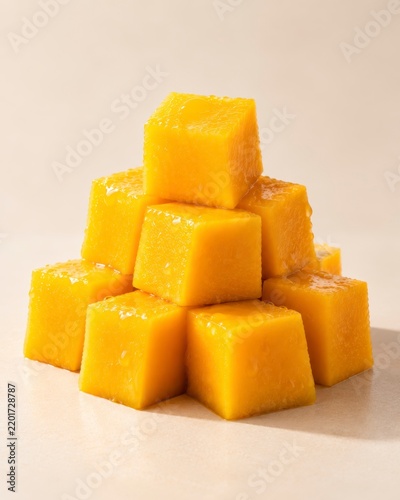 Small mango cube pyramid on beige studio backdrop with soft shadow in minimalist product photography