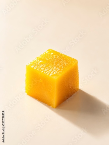 Centered mango cube on a seamless pale cream surface with vivid golden color and a soft long shadow in minimalist studio photography