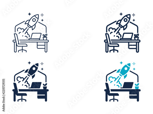 Startup incubator co-working workspace vector icon pack for tech entrepreneurs, collaborative office desk, and venture labs