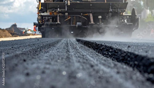 Close-up of asphalt paver laying fresh hot asphalt on a road construction site, creating a new surface with steam rising.