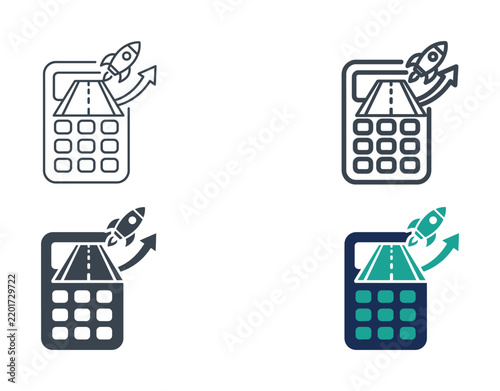 Startup runway calculator and cash survival projection vector icon sheet for runway months, expense burn, and treasury planning