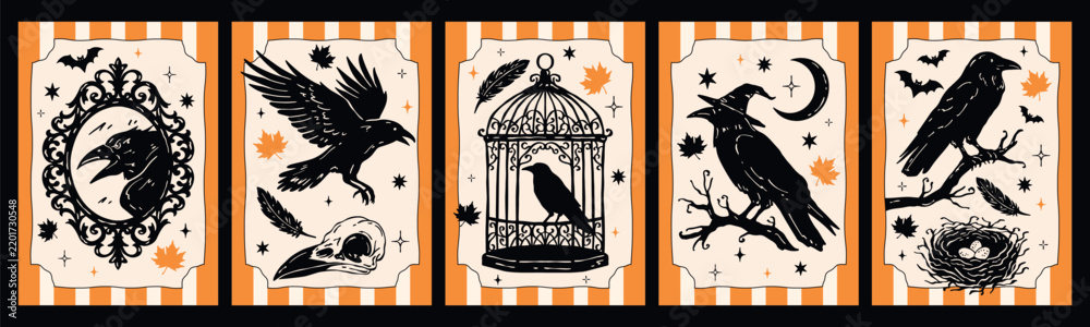Fototapeta premium Vintage Halloween vector greeting card set featuring ravens, bird skull, feathers, cage, nest, branches, stars, bats and autumn leaves in monochrome silhouette style with orange accents