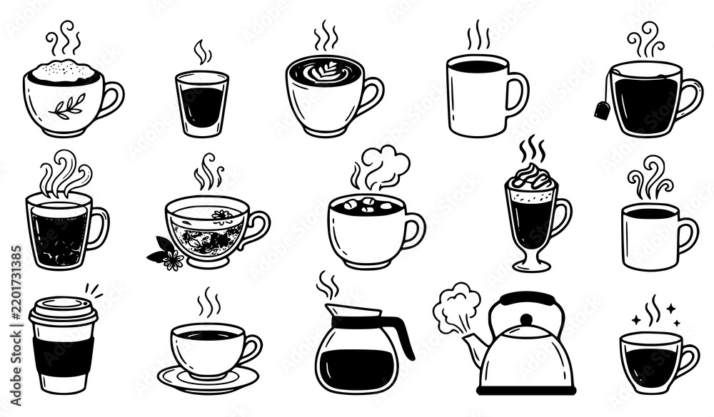 Fototapeta premium Cozy Coffee Shop Hot Drinks Hand Drawn Doodle Vector Collection