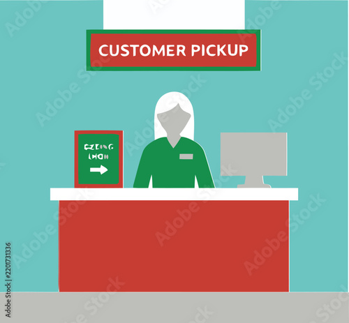Customer service representative assisting with pickup process at retail counter
