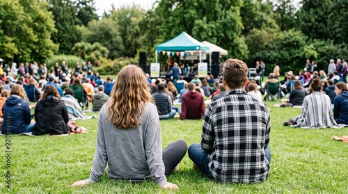 People socializing at music festival during an outdoor summer concert in a green park