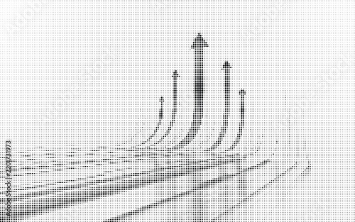 Abstract halftone dot pattern background with rising arrows showing financial growth and success