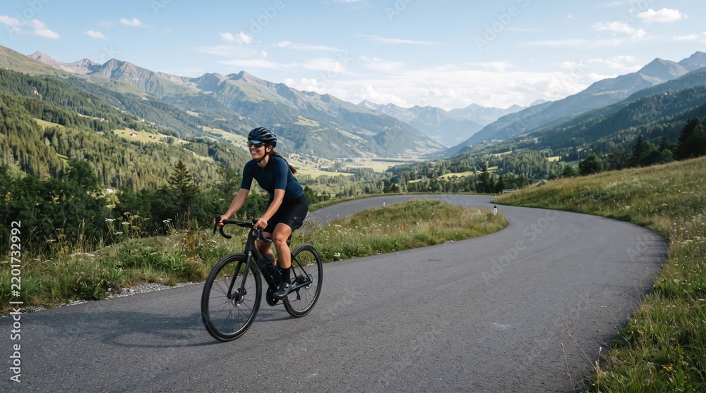 Fototapeta premium Woman cycling on winding mountain road with scenic valley and forest views