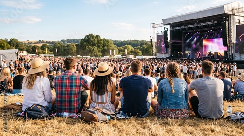 A Group of Friends Sitting on the Grass Watching an Outdoor Music Festival Performance