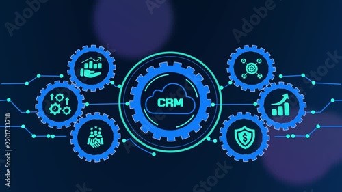 CRM customer relationship management technology with sales analytics, teamwork, service and business growth.