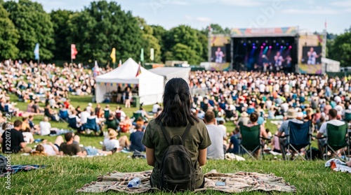 Young woman sitting on a blanket watching a large outdoor music festival concert crowd