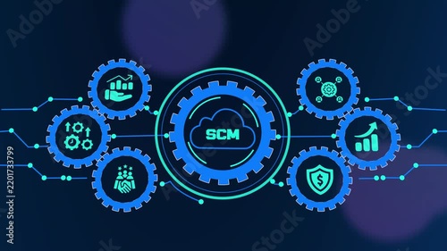 SCM supply chain management network with logistics, procurement, inventory, operations and business analytics.