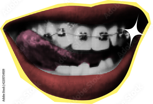 Dark red lipstick lips and metal braces on teeth with a shiny white star for dental or beautythemed design projects.