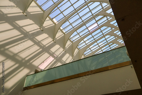 Dynamic white arched ribs frame blue-tinted glass panels in rhythmic pattern; interplay of light and shadow creates sleek, futuristic mood