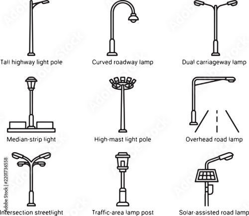 Road Lighting Icons Set Featuring Various Street Lamp and Pole Designs