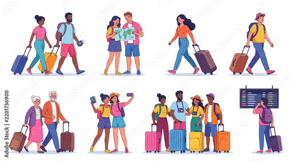 Fototapeta premium Travelers and Tourists with Luggage – Vacation, Tourism and Travel Vector Illustration Set.