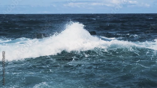 Powerful Atlantic Ocean waves crashing against volcanic rocks on the coast of Madeira, Portugal, slow motion