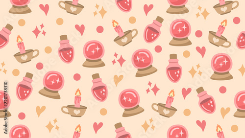 Cute Crystal Ball and Magic Candle Seamless Pattern with Hearts 