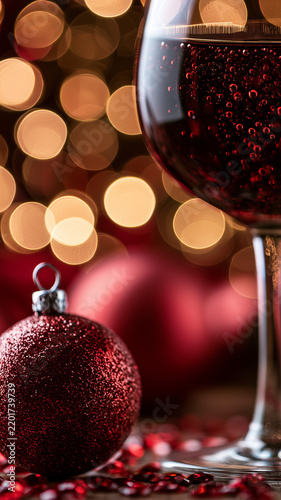 Festive holiday setting with sparkling red ornament and bubbly wine glass