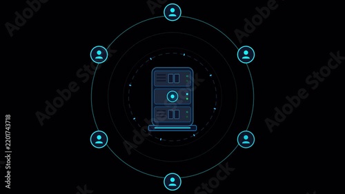 Data server network animation with user icons on transparent background. 4K alpha channel