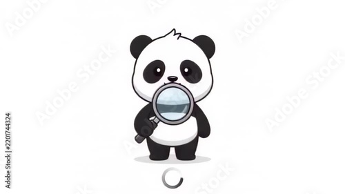 Cute cartoon panda holding a magnifying glass on white background
