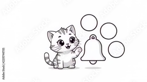 Cute cartoon cat sitting next to a floating bell on white background
