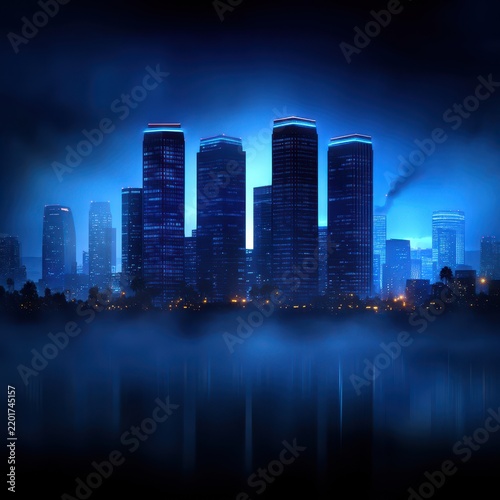 Nighttime Cityscape with Illuminated Skyscrapers and Foggy Atmosphere