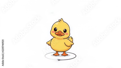 Cute yellow duckling dancing on a white background