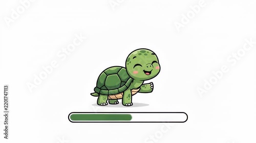 Cute green turtle walking with progress bar on white background
