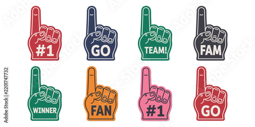 Foam Finger Icons featuring colorful giant hand pointers with motivational slogans for sports fans, cheering, stadium events, and team support