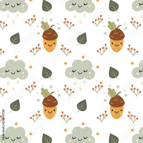 A cute fall pattern featuring a funny little acorn, a little cloud, leaves, and berries