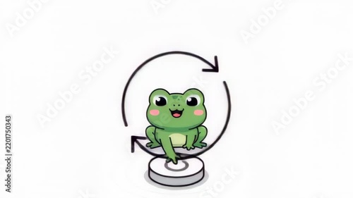 Cute cartoon frog sitting beside a power button on a white background