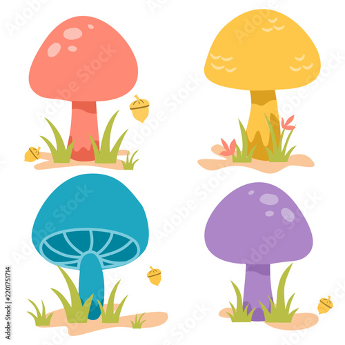 Set of four colorful mushrooms with rounded caps, small leaves and autumn details, arranged as charming botanical elements on a white background.