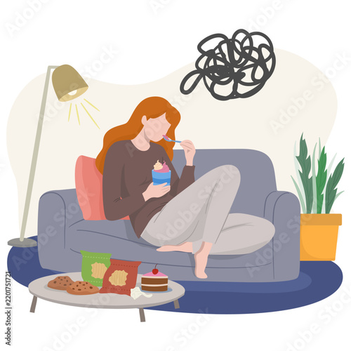 A stressed woman sits on a sofa eating snacks while surrounded by food, with a scribbled thought symbol representing emotional stress and comfort eating.