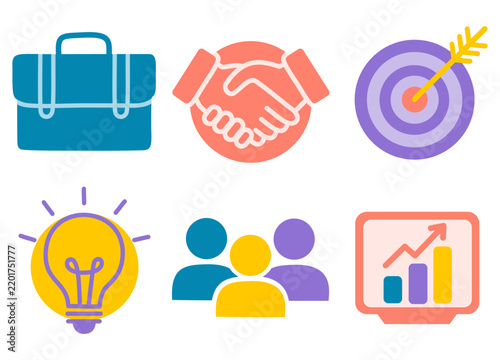 Colorful business icon collection featuring a briefcase, handshake, target, lightbulb, team and rising chart for professional success and growth.