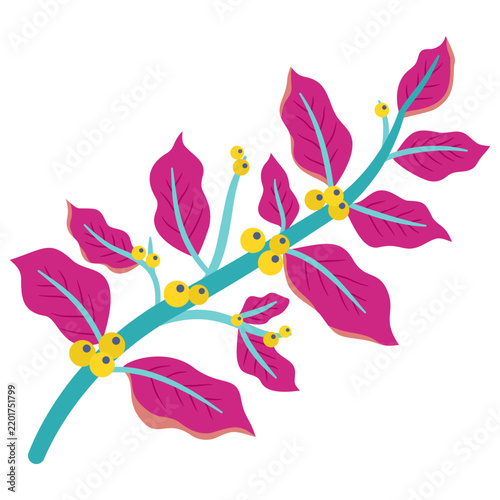 Decorative botanical branch with vivid magenta leaves, turquoise stems and small yellow blossoms, creating a playful colorful nature element on white.