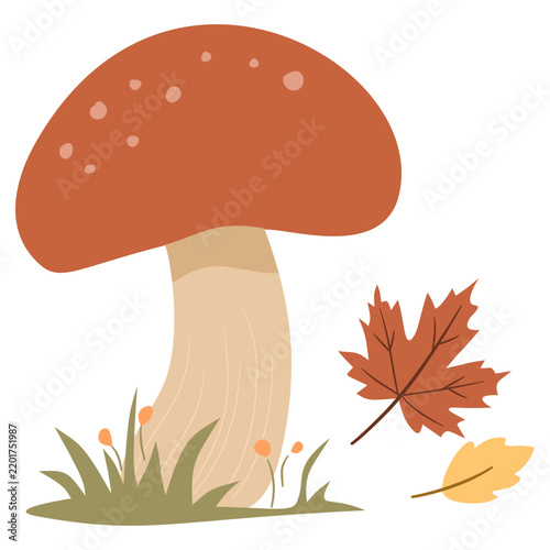 A warm autumn mushroom illustration with a rounded brown cap, beige stem, grasses and colorful fallen leaves, creating a cozy woodland atmosphere.