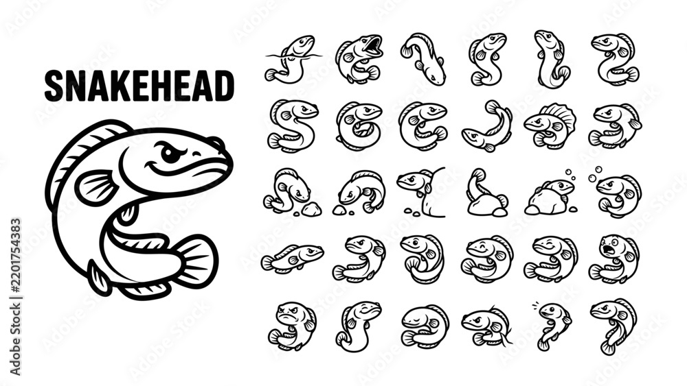 Obraz premium Snakehead Fish Character Set: A collection of cartoon illustrations showcasing a snakehead fish in various poses and emotions, featuring a bold text label SNAKEHEAD.