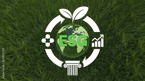 Esg environmental social and governance concept with green earth and growth symbols on a natural grass background, for sustainable business