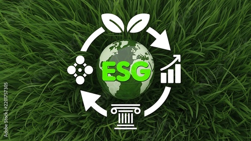 Esg sustainability concept with green earth and growth symbols on a lush grass background, representing corporate environmental responsibility