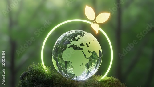 Glass earth globe with green continents inside a glowing ring with leaves resting on moss in a forest representing environmental protection