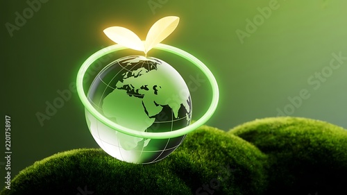 Glass globe with green foliage continents and glowing sprout surrounded by green ring on mossy hillside for environmental protection concept