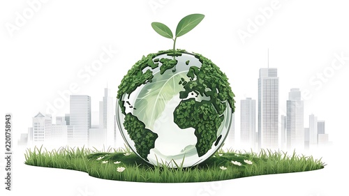 Glass globe with green leafy continents and sprout on grassy field against urban city skyline background, for environmental sustainability concept