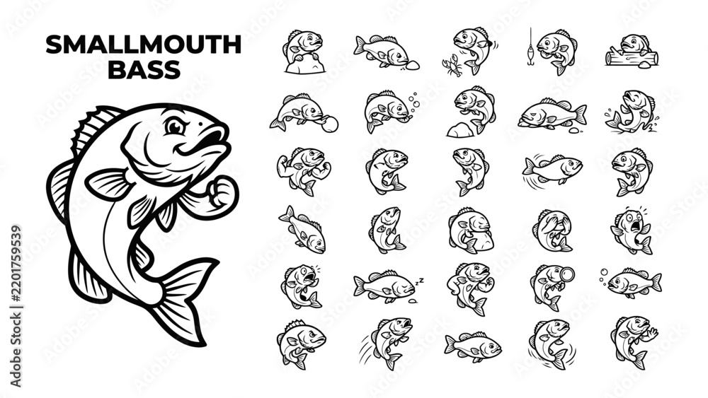 Fototapeta premium Smallmouth Bass Illustration Set: A dynamic illustration features a large smallmouth bass on the left, accompanied by a grid of smaller, diverse fish characters on the right.