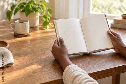 Obraz na płótnie Hands opening blank book beside a sunlit window