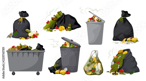 Trash bag. Food garbage, fly and smelly rubbish bin, dustbin. Stinky and dirty rotten dumpster. Trash can with compost pile, waste containers with food scraps and litter. Vector cartoon set