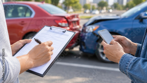 Car insurance claim paperwork with smartphone after rear end crash, drivers recording collision damage, mobile accident reporting, roadside assessment