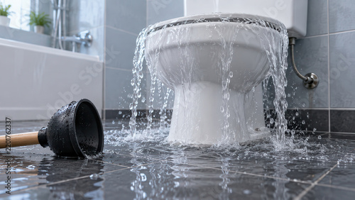 Bathroom flooding from overflowing clogged toilet beside plunger, home plumbing failure, blocked drain cleanup, water damage prevention
